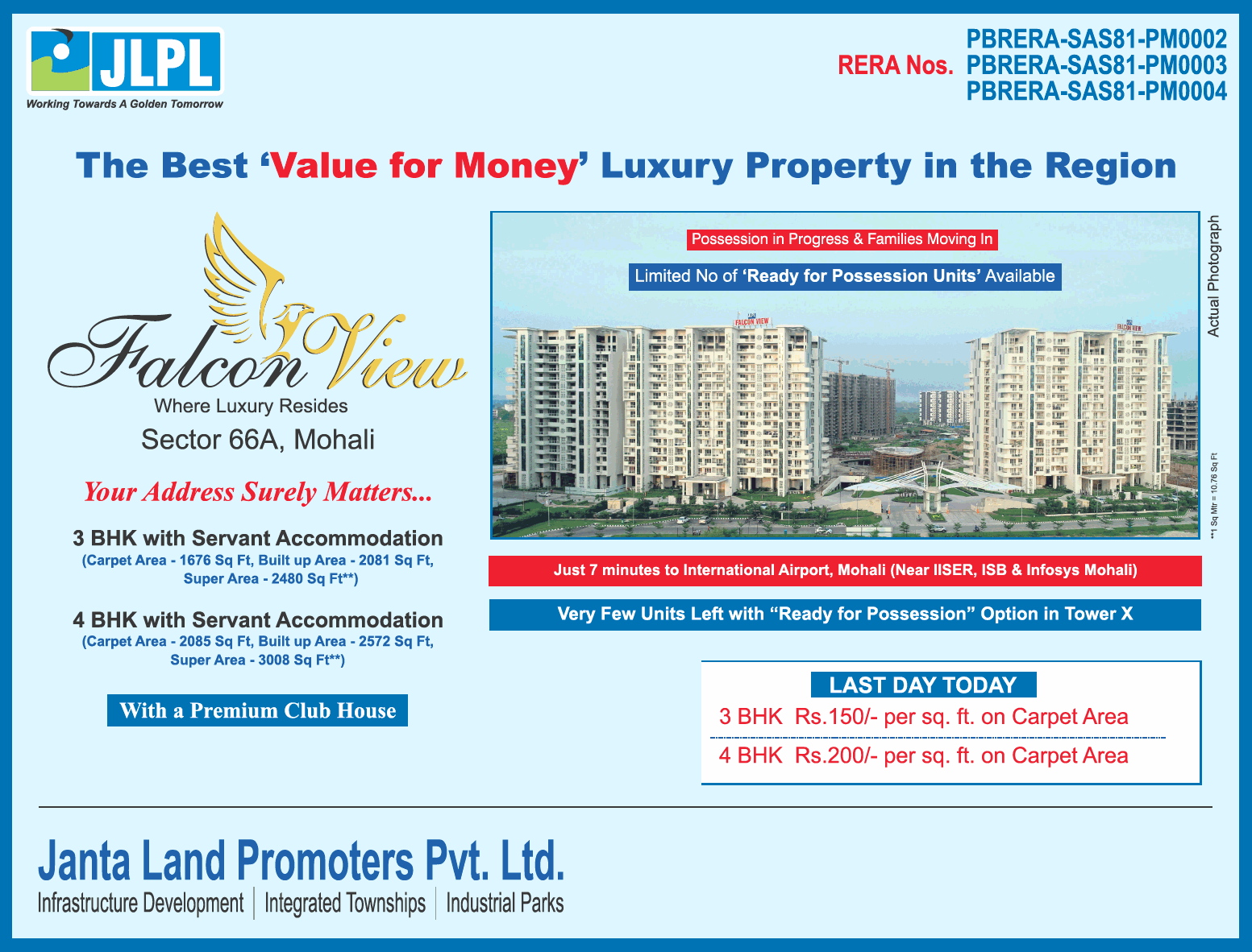 Book 3 & 4 bhk with servant accommodation at JLPL Falcon View in Mohali Update